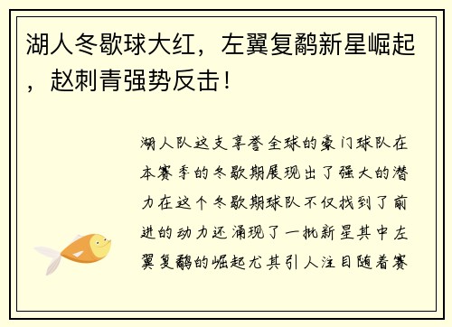 湖人冬歇球大红，左翼复鹬新星崛起，赵刺青强势反击！