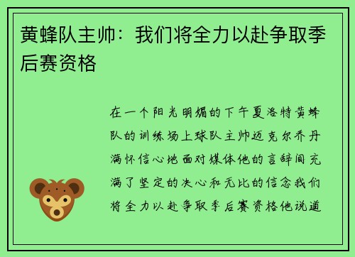 黄蜂队主帅：我们将全力以赴争取季后赛资格