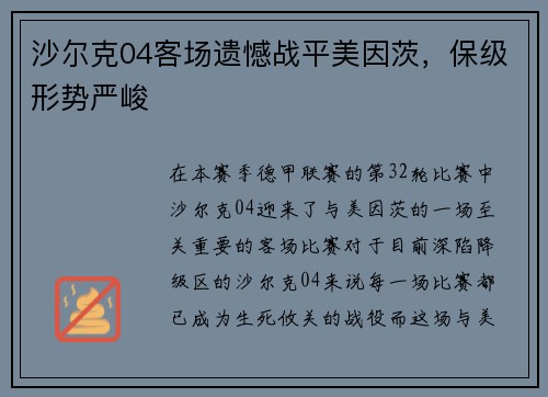 沙尔克04客场遗憾战平美因茨，保级形势严峻